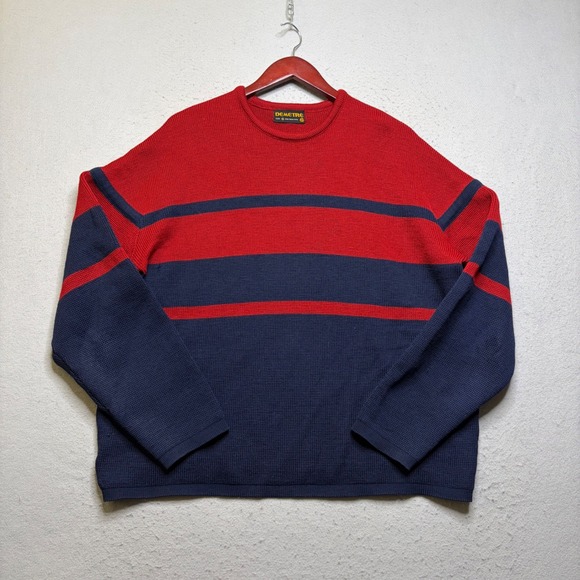 Demetre Other - Demetre Sweater Mens XL Red Navy Striped Pure Virgin Wool Vintage 90s Distressed